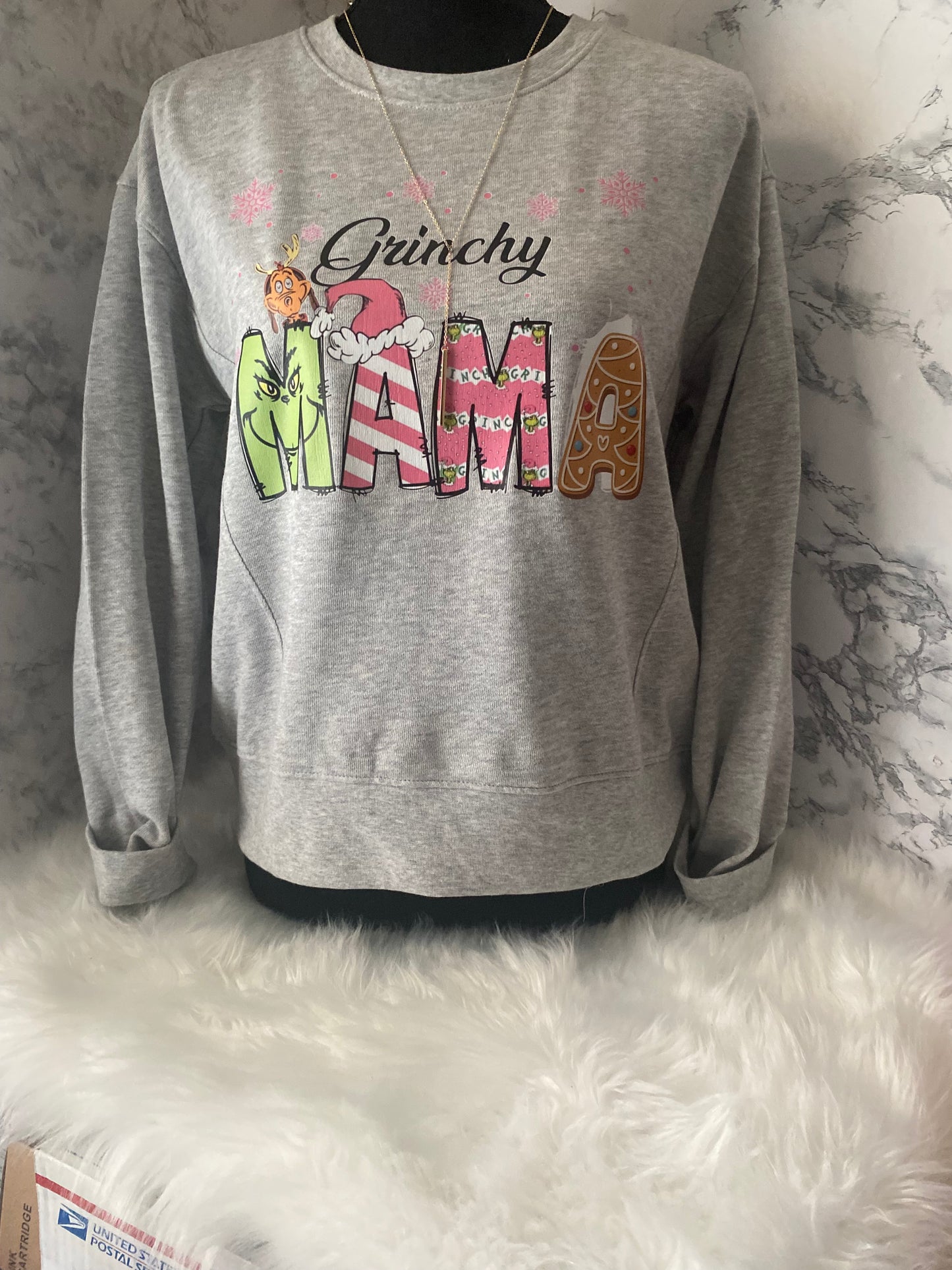 DTF Mama Grinchy transfer w/family names on the back