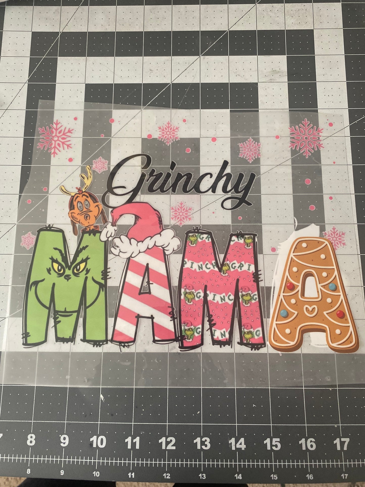 DTF Mama Grinchy transfer w/family names on the back